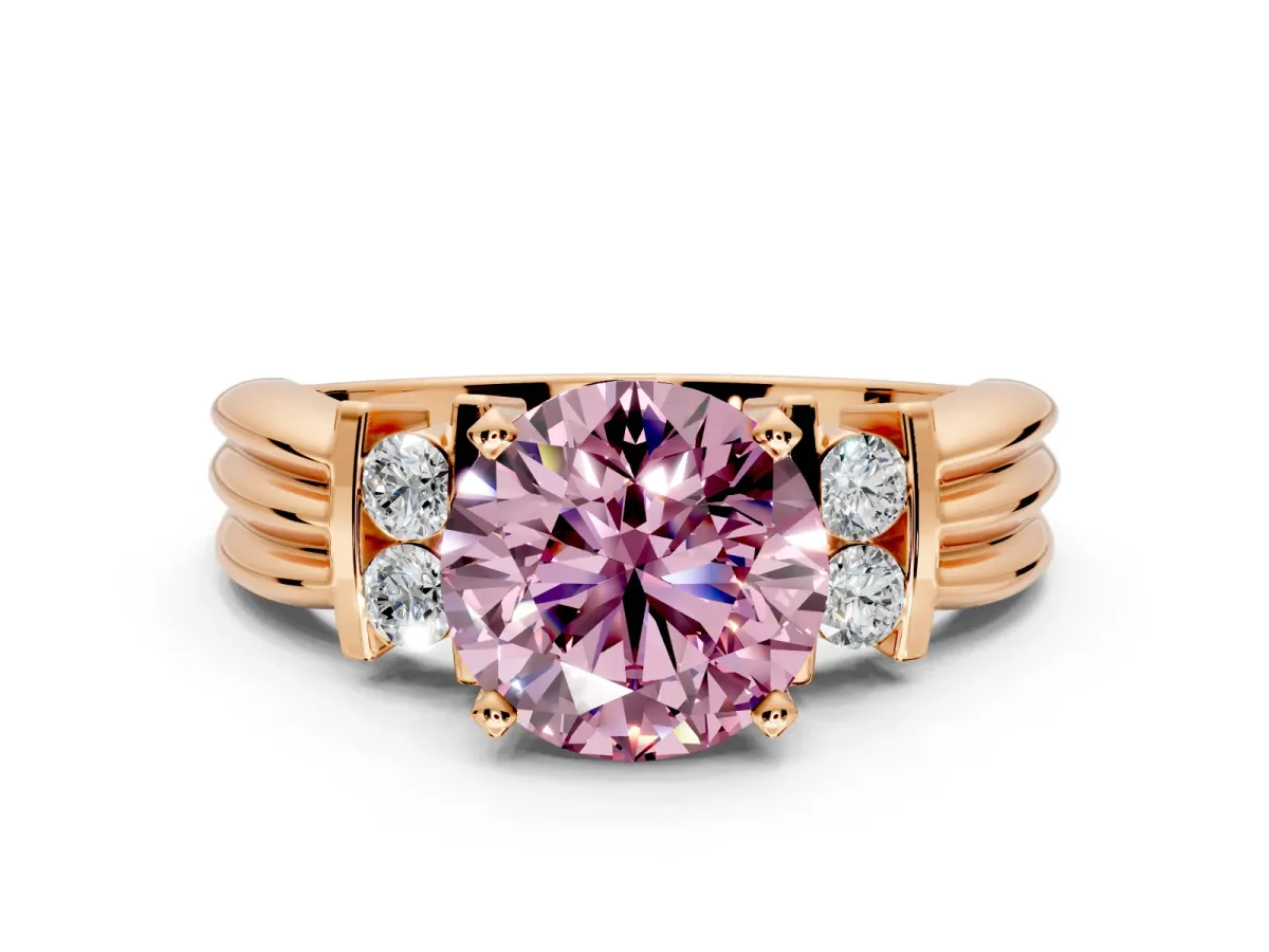 Solitaire Engagement Ring Setting for Fancy Pink Round Cut Center with Grooved Bar Accent Band and Prong Head in Rose Gold