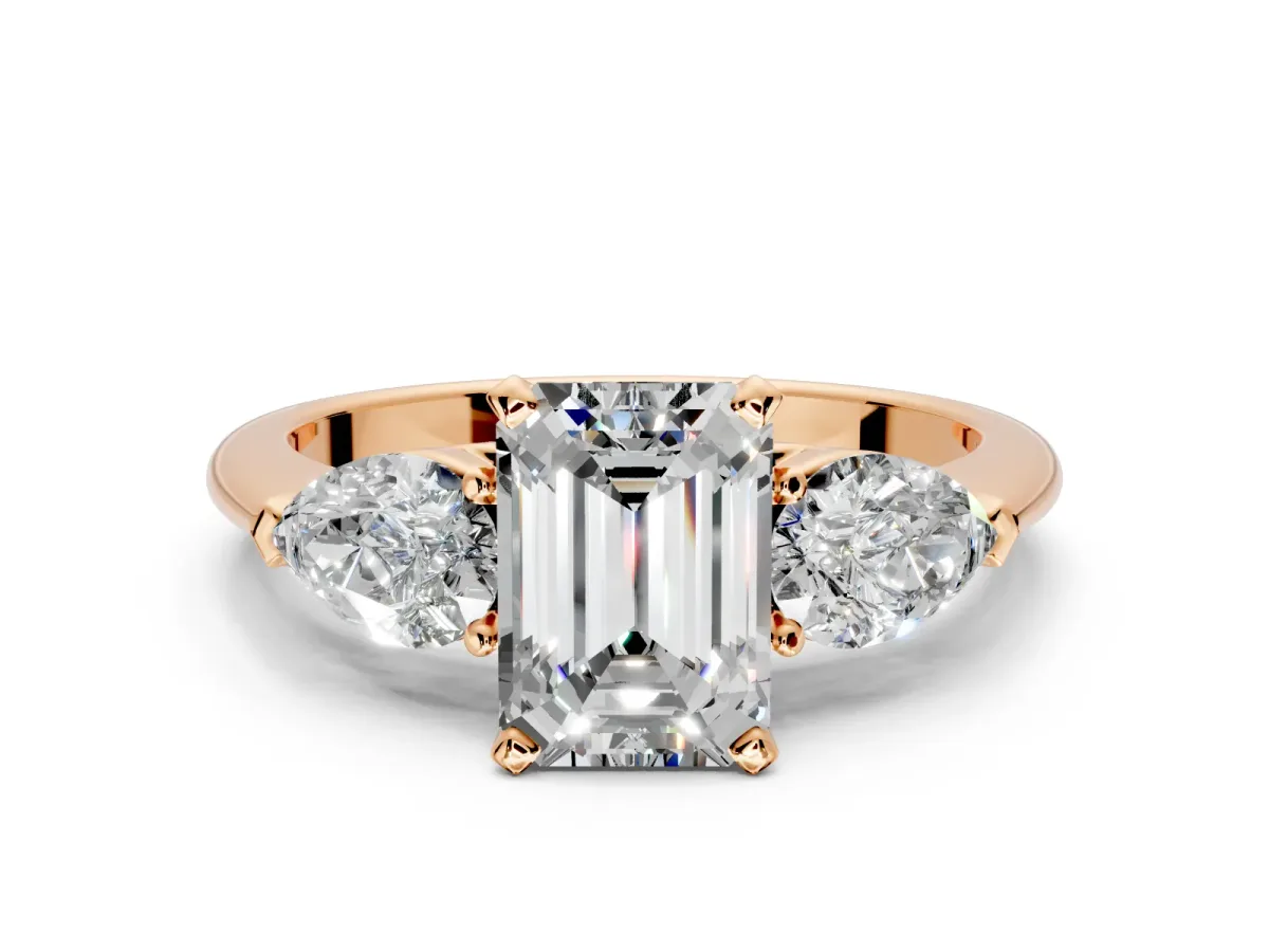 3 Stone Engagement Ring Setting for Emerald Cut Center with Large Pear-Shaped Accents and Prong Head in Rose Gold