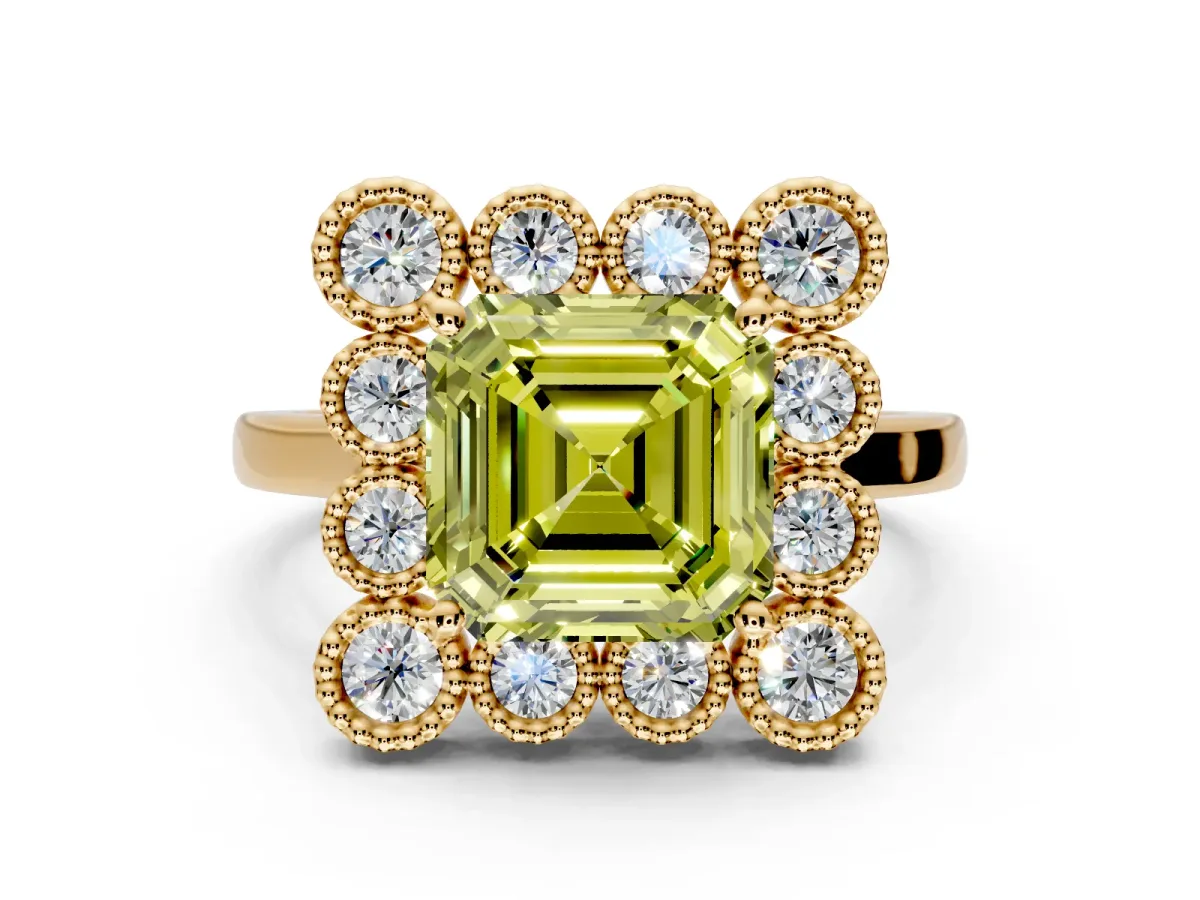 Cluster Halo Engagement Ring Setting for Fancy Yellow Asscher Cut Center with Milgrain Bezel Accents and Prong Head in Yellow Gold