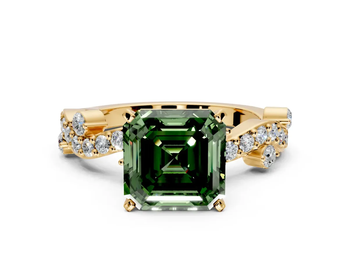 Solitaire Engagement Ring Setting for Fancy Green Asscher Cut Center with Bar-Station Pave Twist and Prong Head in Yellow Gold