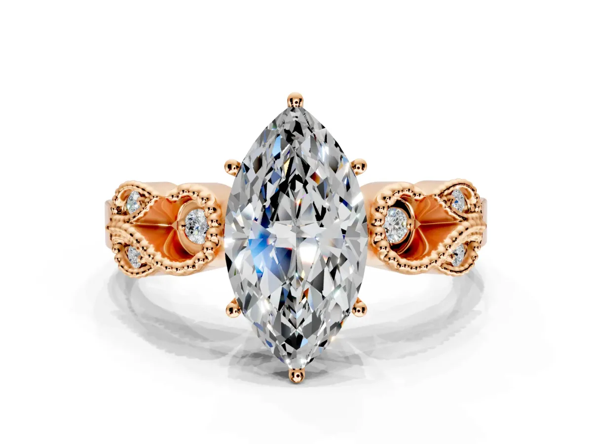 Leaf Engagement Ring Setting for Marquise Center with Milgrain Accent Band and Prong Head in Rose Gold