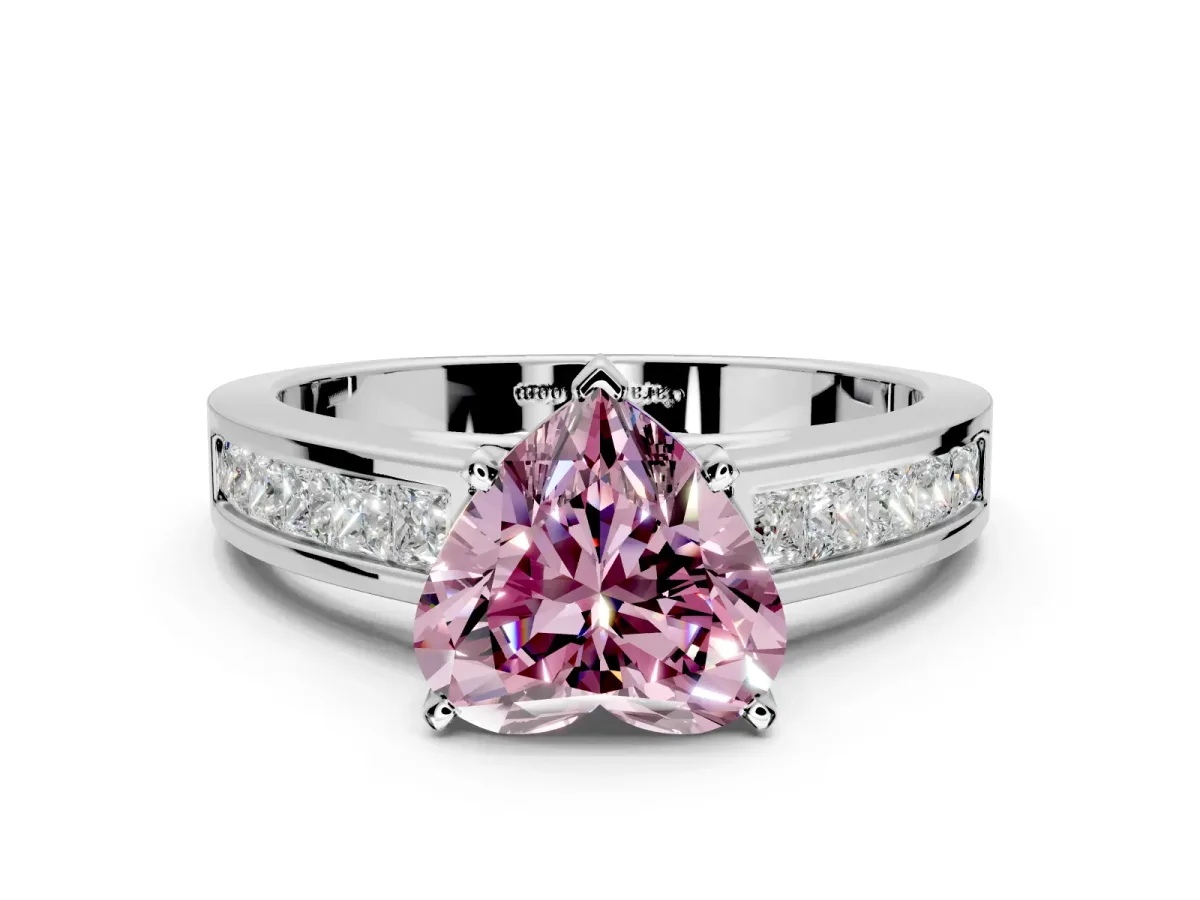 Solitaire Engagement Ring Setting for Fancy Pink Heart-Shaped Center with Princess Cut Channel Band and Prong Head in Sterling Silver
