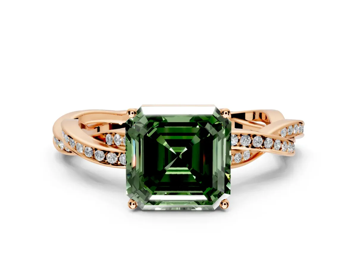 Solitaire Engagement Ring Setting for Fancy Green Asscher Cut Center with Twisted Pave Band and Prong Head in Rose Gold