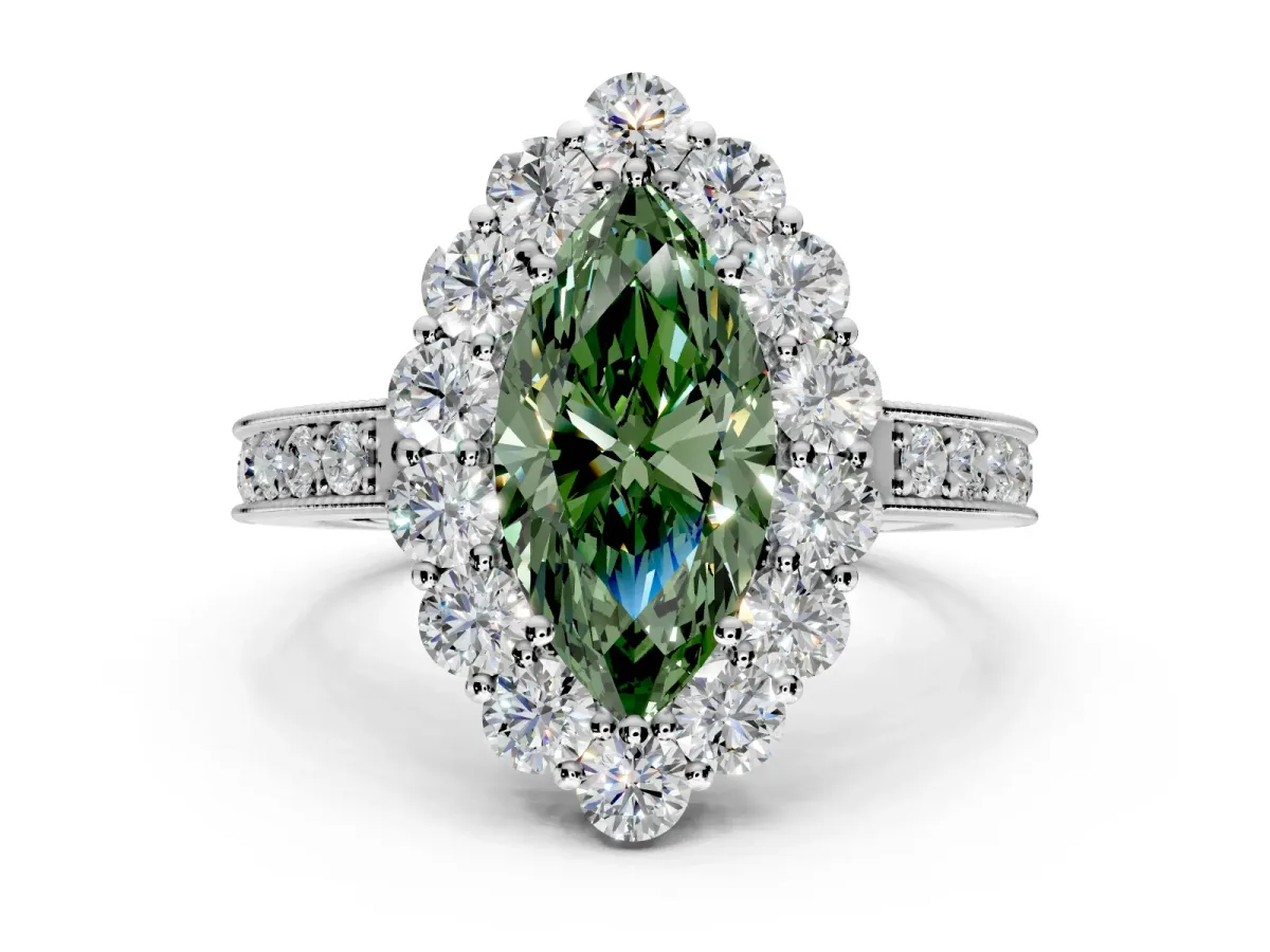 Halo Engagement Ring Setting for Fancy Green Marquise Center with Milgrain Channel Band and Prong Head in Sterling Silver