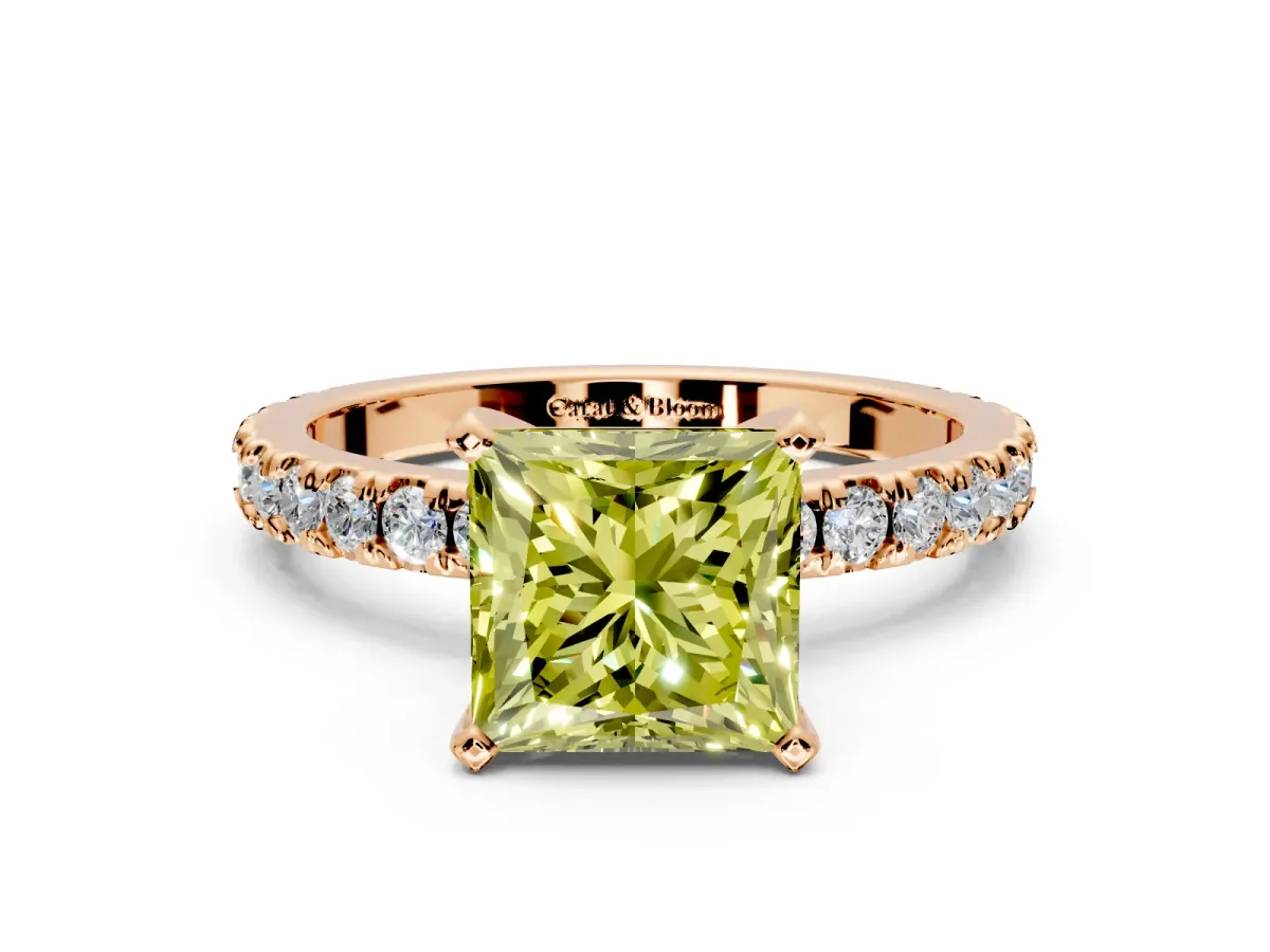 Solitaire Engagement Ring Setting for Fancy Yellow Princess Cut Center with Fine Pave Band and Claw Prong Head in Rose Gold