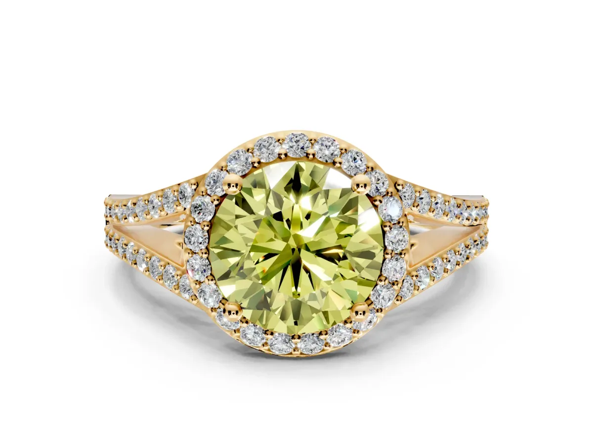 Halo Engagement Ring Setting for Fancy Yellow Round Cut Center with Pave Split Shank and Prong Head in Yellow Gold
