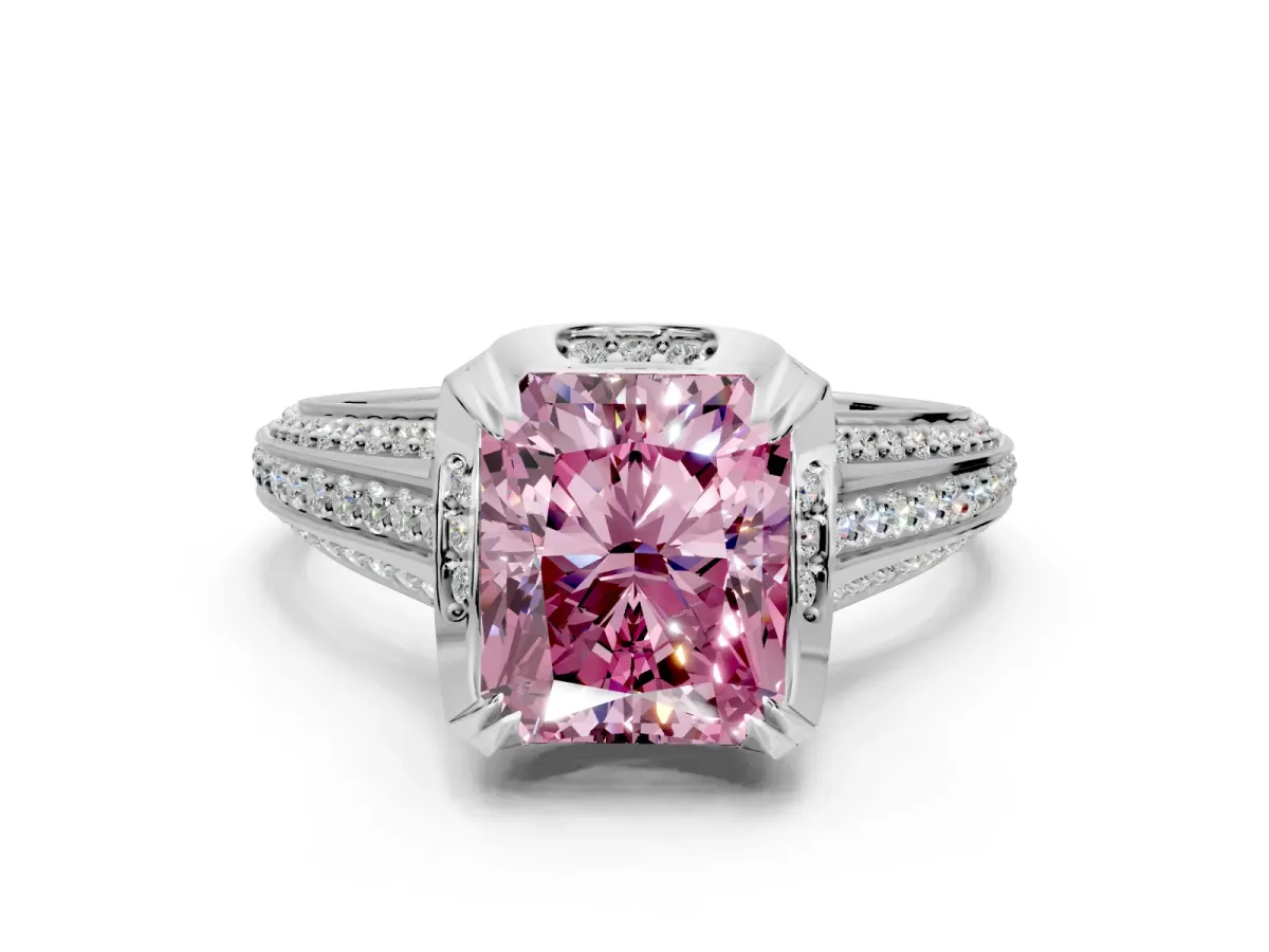 Solitaire Engagement Ring Setting for Fancy Pink Radiant Cut Center with Accented Split Shank and Prong Head in Platinum
