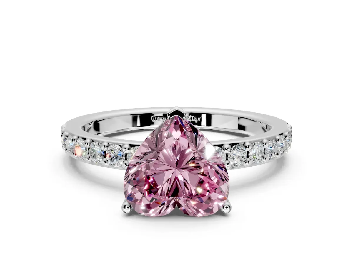 Solitaire Engagement Ring Setting for Fancy Pink Heart-Shaped Center with Round Cut Pave Band and Prong Head in Sterling Silver