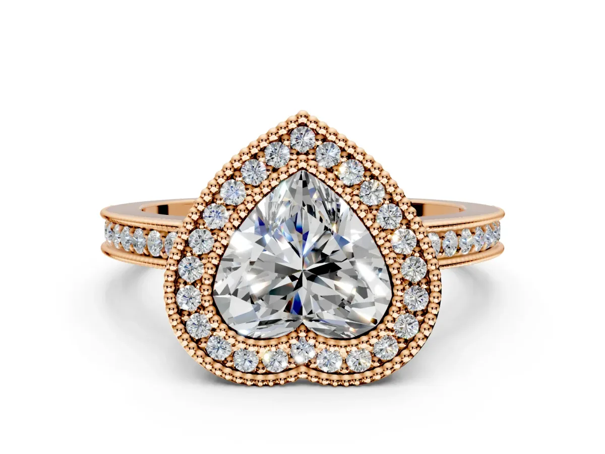 Halo Engagement Ring Setting for Heart-Shaped Center with Milgrain Halo, Pave Band and Prong Head in Rose Gold