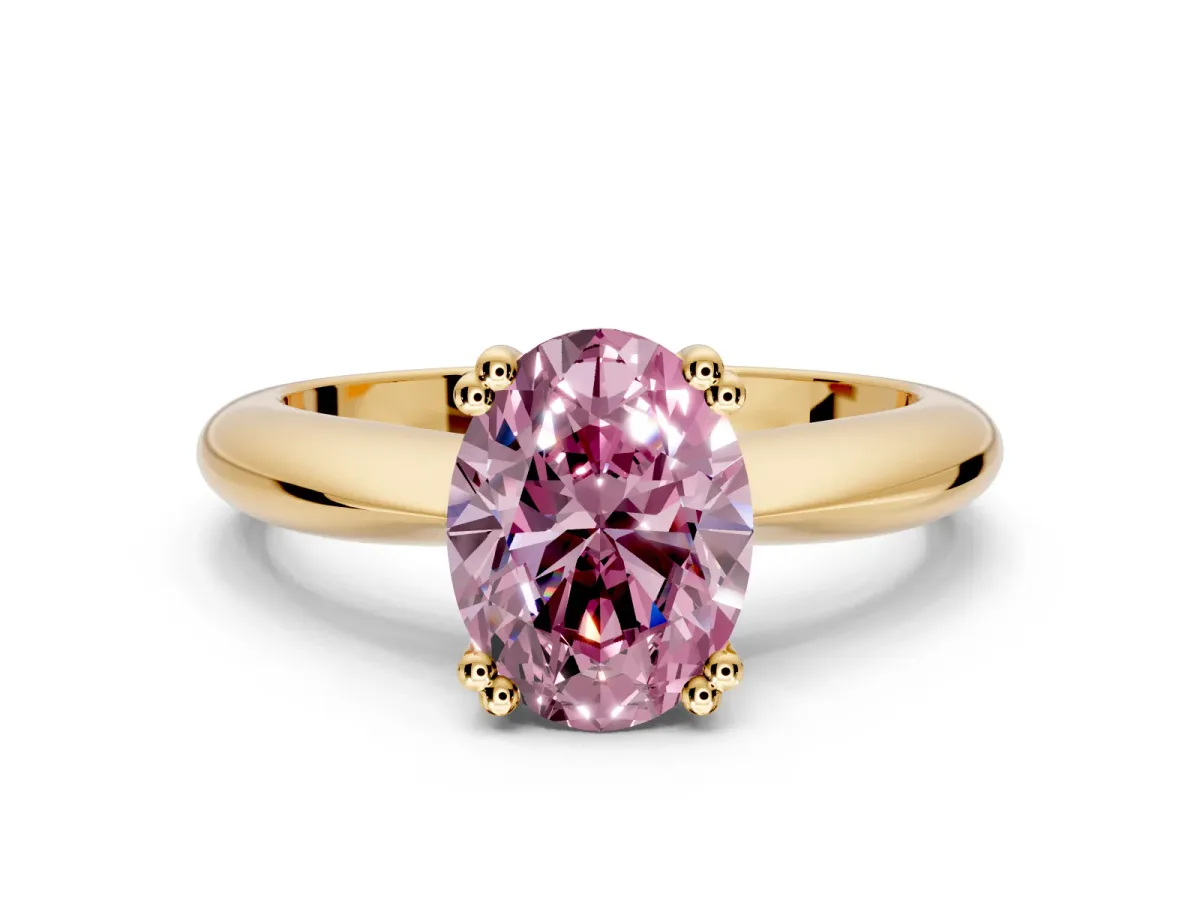 Solitaire Engagement Ring Setting for Fancy Pink Oval Center with Reverse Tapered Band and Prong Head in Yellow Gold