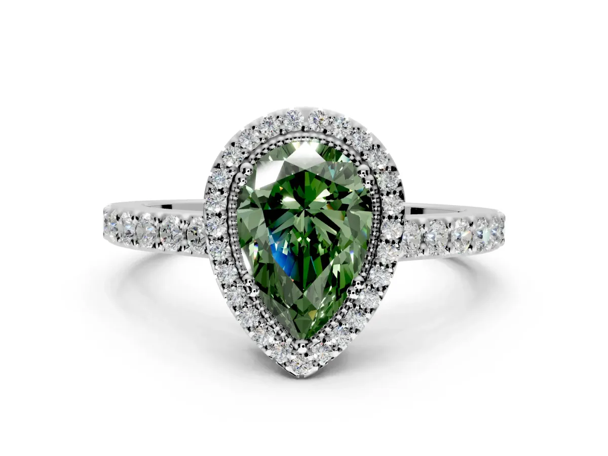Halo Engagement Ring Setting for Fancy Green Pear-Shaped Center with Inner Milgrain Border and Prong Head in Platinum