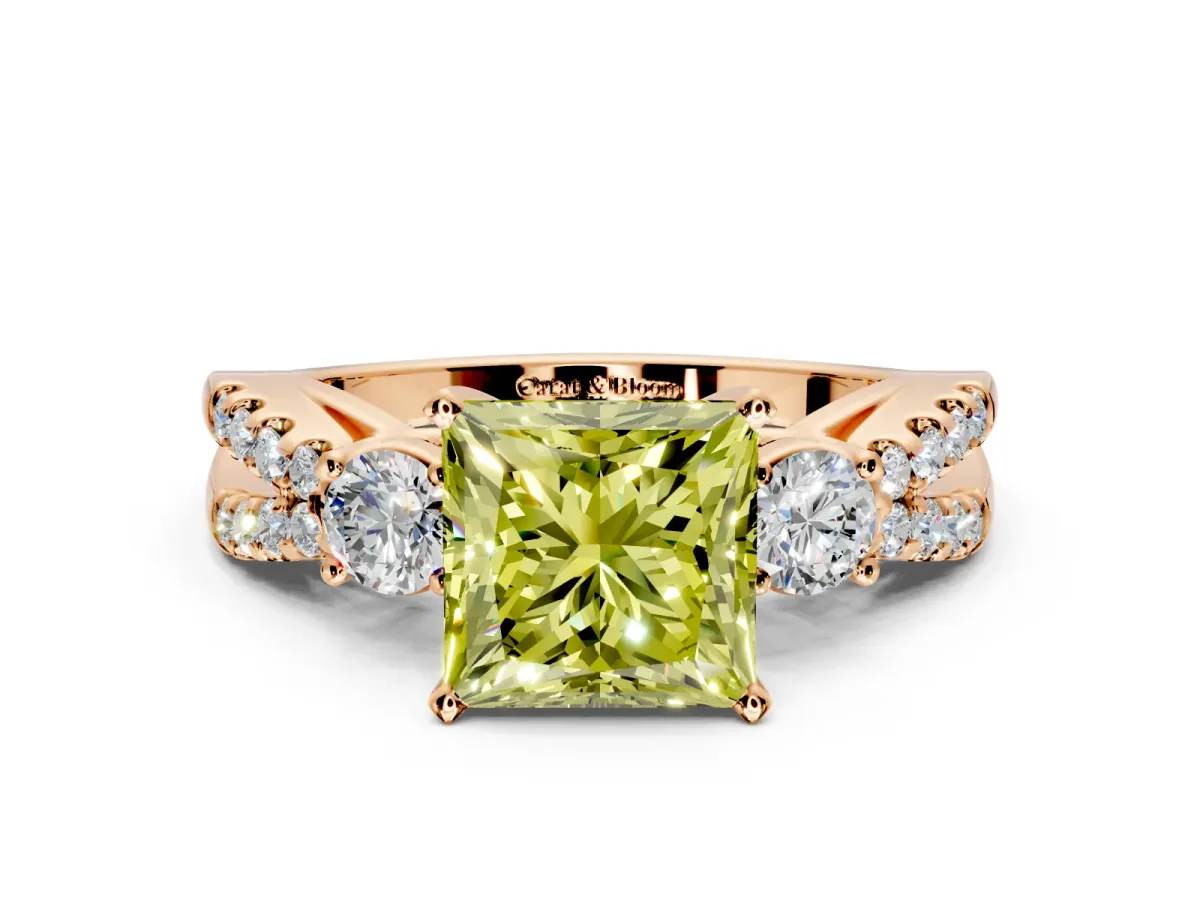 3 Stone Engagement Ring Setting for Fancy Yellow Princess Cut Center with Pave Split Shank and Prong Head in Rose Gold