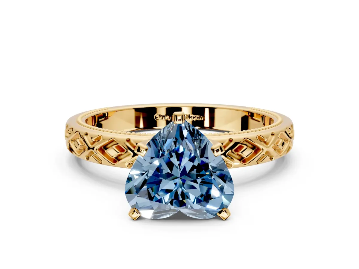 Solitaire Engagement Ring Setting for Fancy Blue Heart-Shaped Center with Milgrain X Pattern Band and Prong Head in Yellow Gold