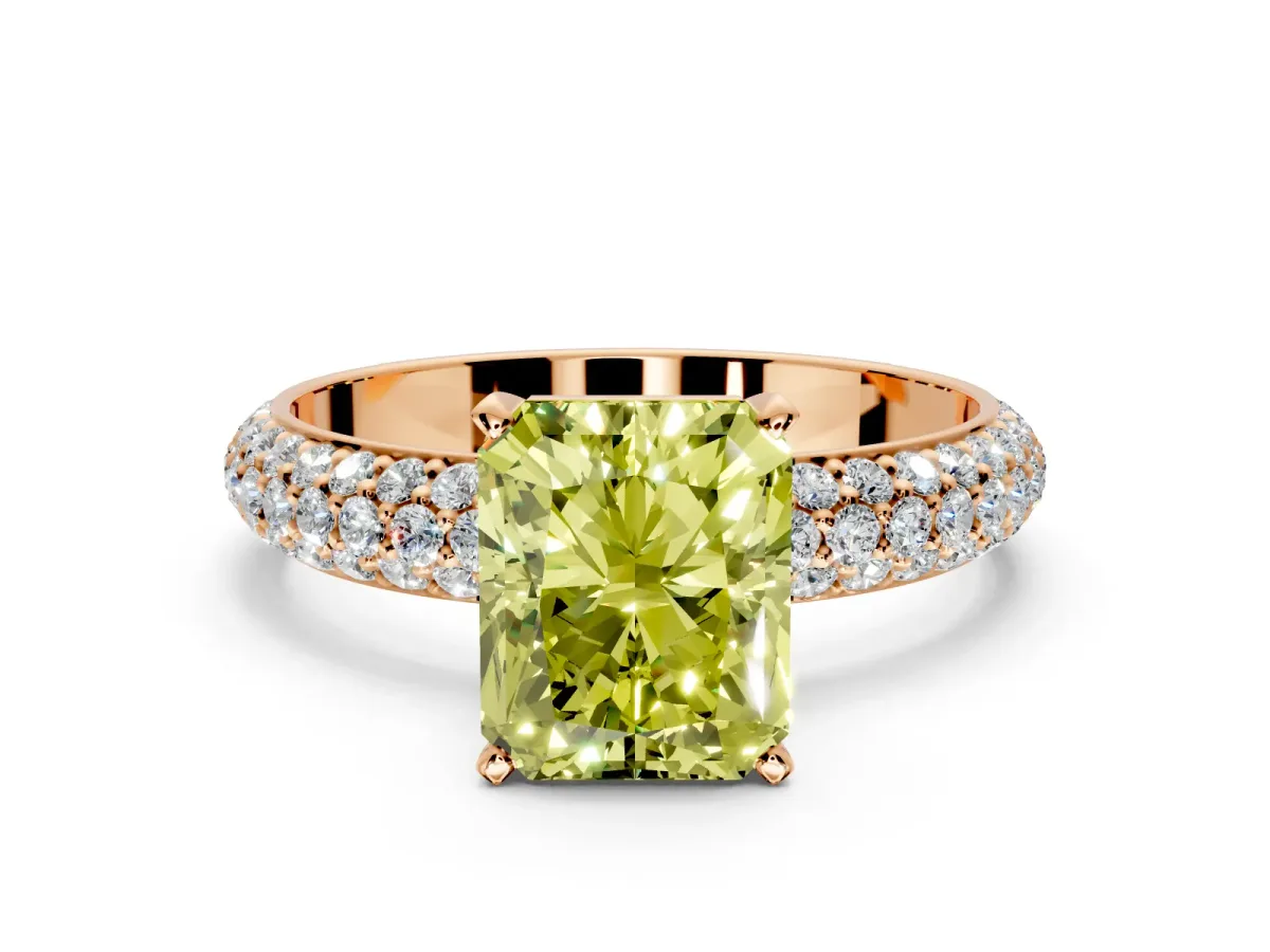 Solitaire Engagement Ring Setting for Fancy Yellow Radiant Cut Center with Domed Multi-Row Pave Band and Prong Head in Rose Gold