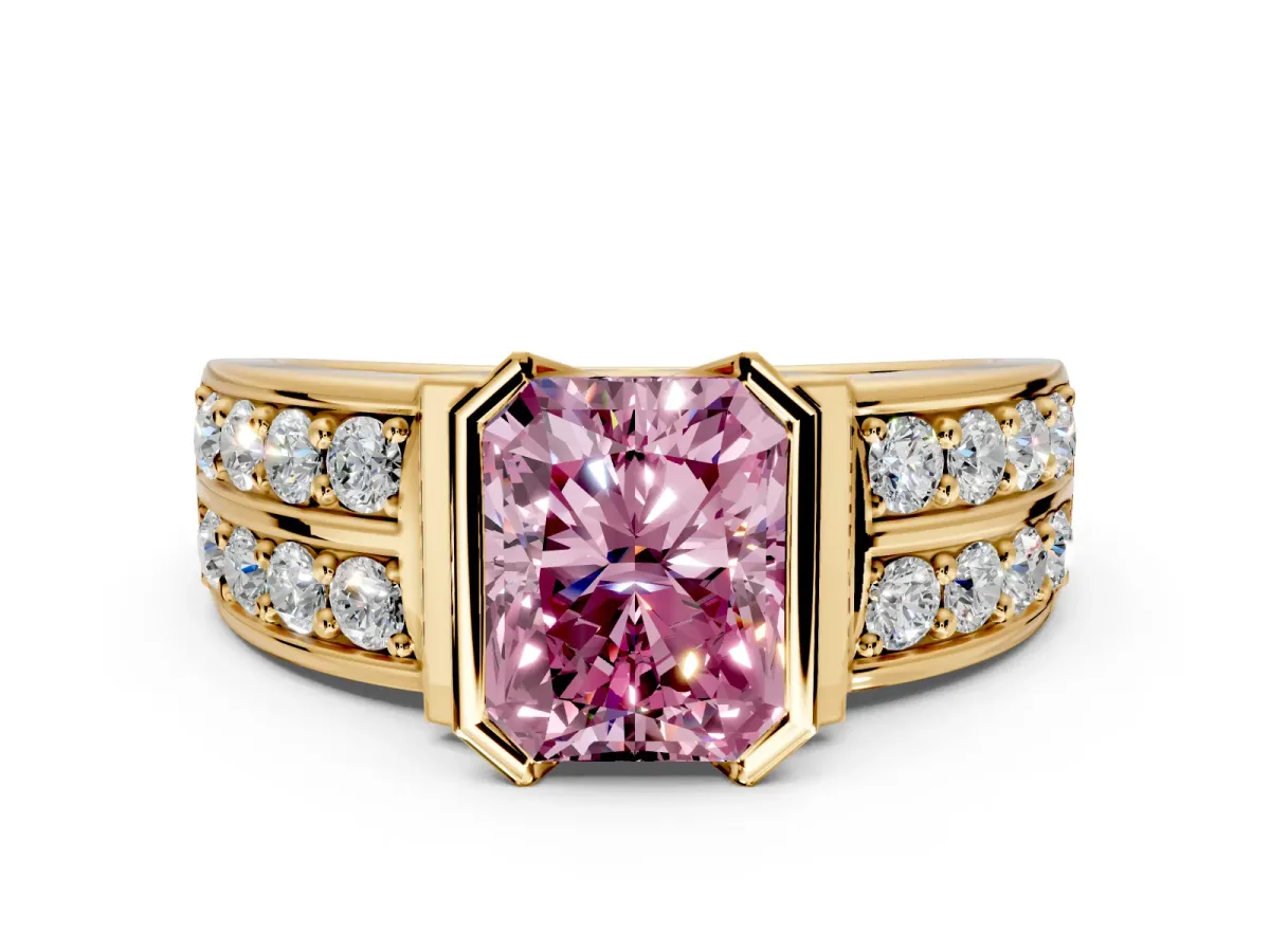 Bezel Engagement Ring Setting for Fancy Pink Radiant Cut Center with Wide Channel-Set Band and Bezel Head in Yellow Gold