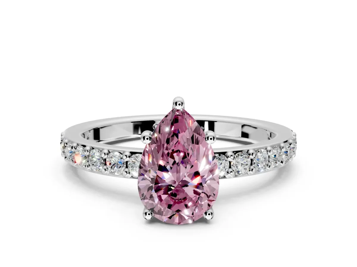 Solitaire Engagement Ring Setting for Fancy Pink Pear-Shaped Center with Round Cut Pave Band and Prong Head in Sterling Silver