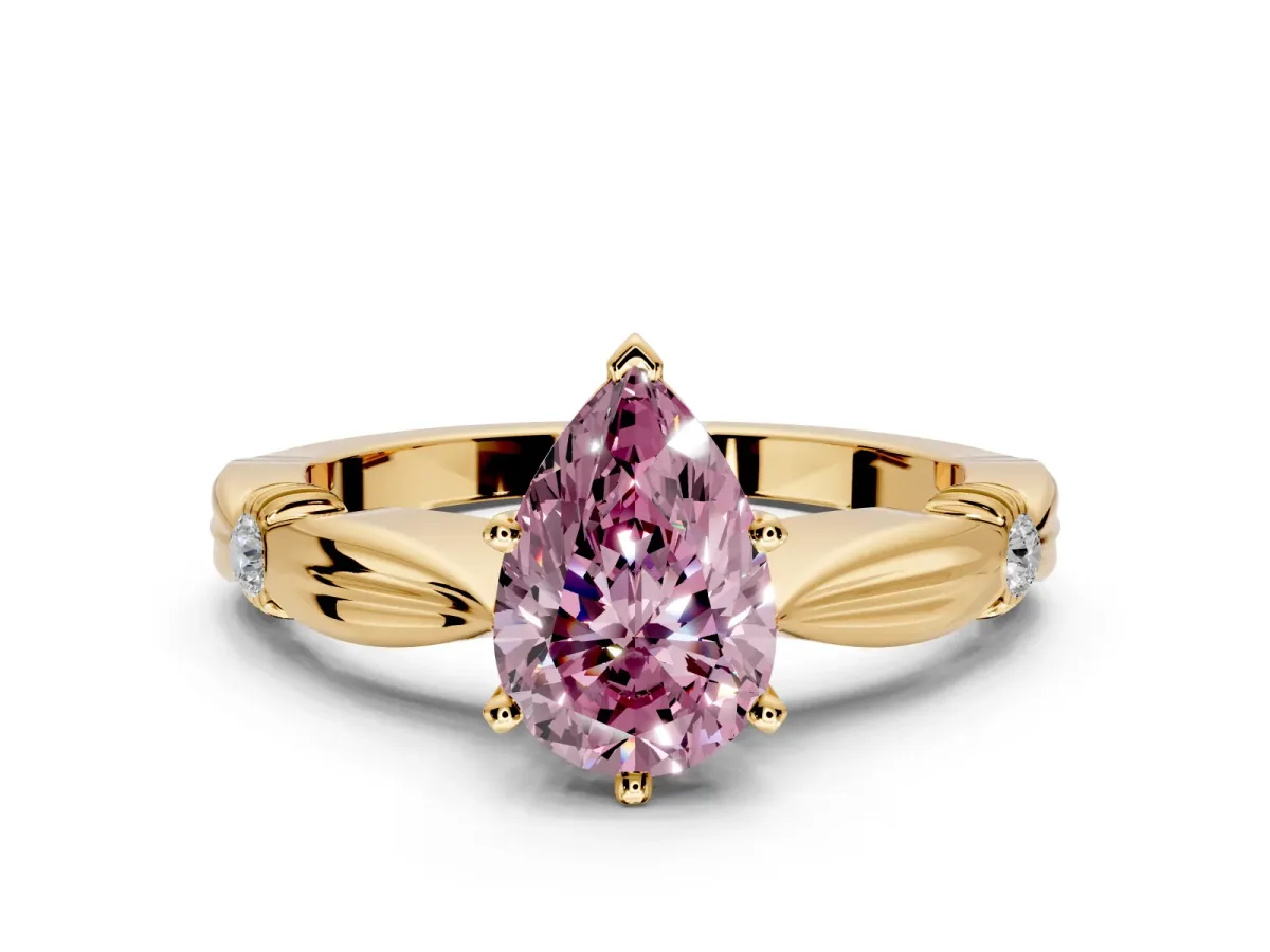 Solitaire Engagement Ring Setting for Fancy Pink Pear-Shaped Center with Carved Leaf Shoulders and Prong Head in Yellow Gold