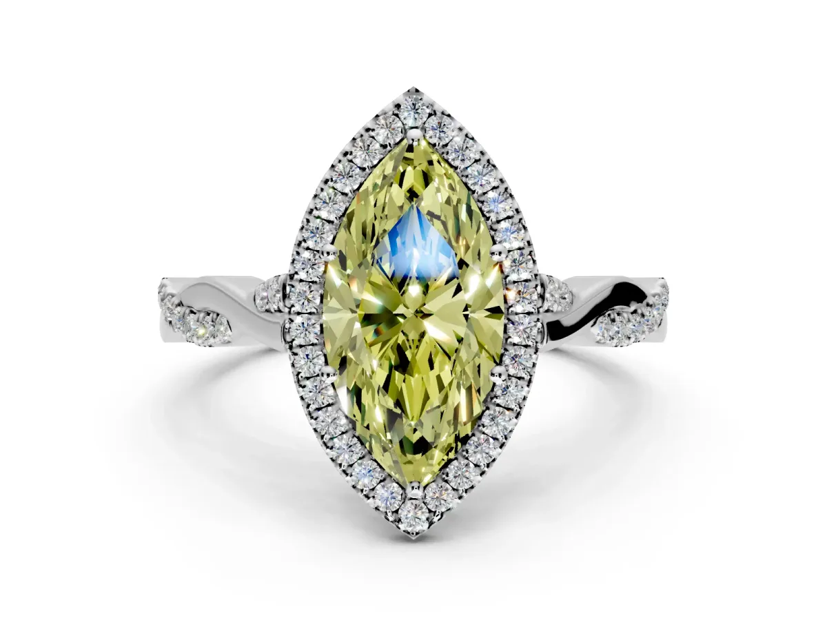 Halo Engagement Ring Setting for Fancy Yellow Marquise Center with Twist Band and Prong Head in Sterling Silver