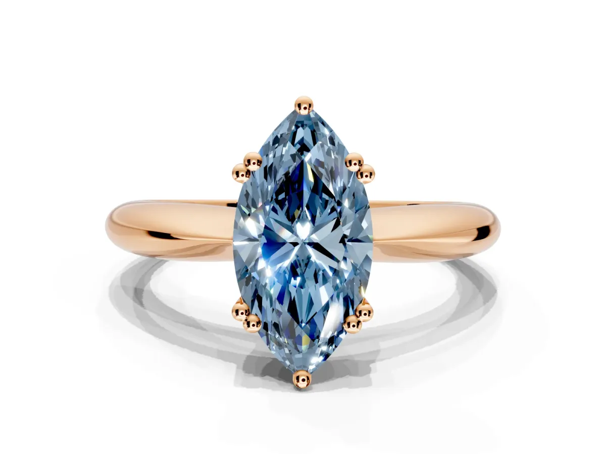Solitaire Engagement Ring Setting for Fancy Blue Marquise Center with Reverse Tapered Band and Prong Head in Rose Gold