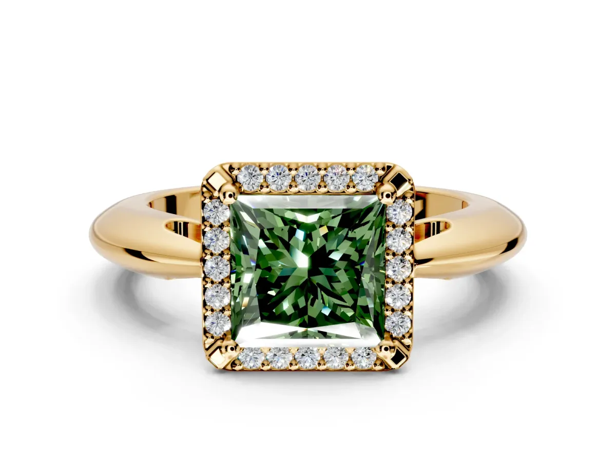 Halo Engagement Ring Setting for Fancy Green Princess Cut Center with Tapered Plain Band and Prong Head in Yellow Gold