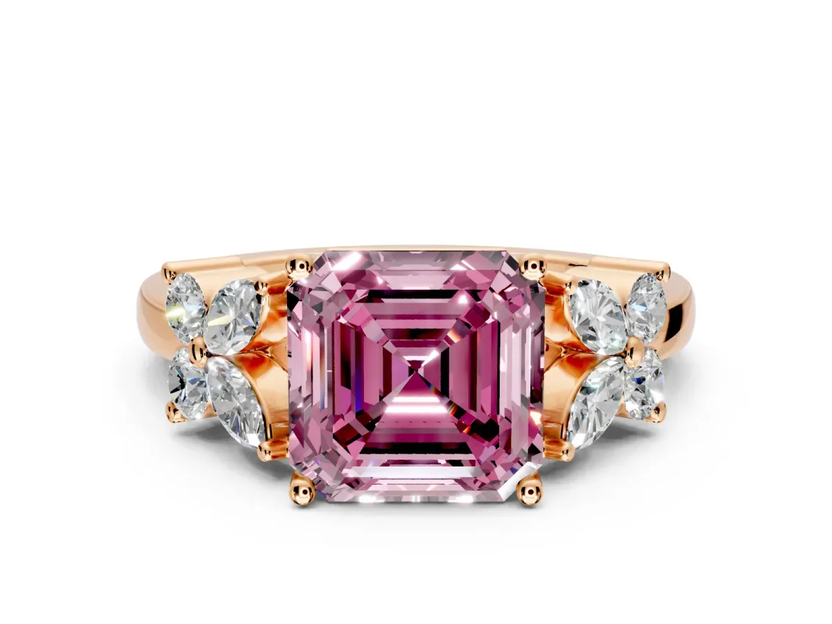 Floral Engagement Ring Setting for Fancy Pink Princess Cut Center with Marquise Cluster Shoulders and Prong Head in Rose Gold