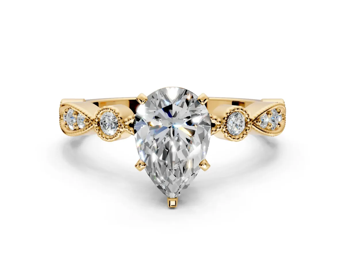 Solitaire Engagement Ring Setting for Pear-Shaped Center with Milgrain Bezel Accents and Prong Head in Yellow Gold