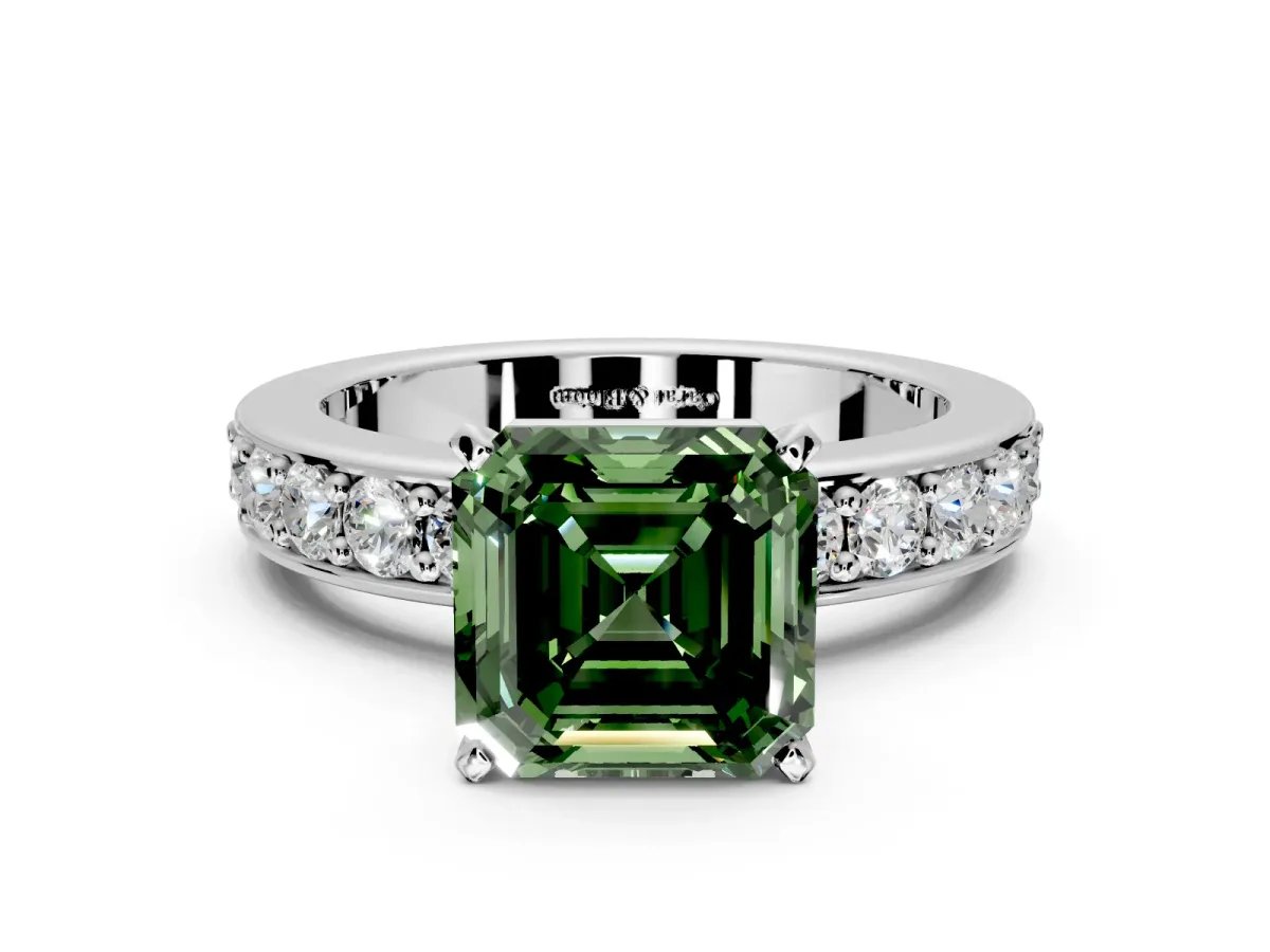 Solitaire Engagement Ring Setting for Fancy Green Asscher Cut Center with Channel-Set Accents and Prong Head in Platinum