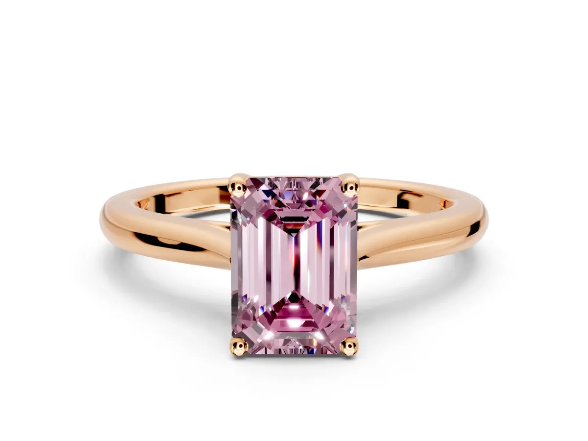 Solitaire Engagement Ring Setting for Fancy Pink Emerald Cut Center with Narrow Cathedral Band and Prong Head in Rose Gold