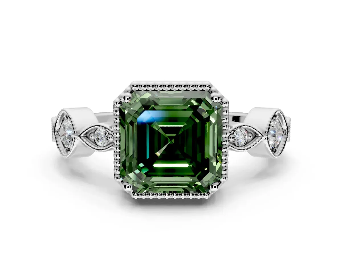 Vintage Station Engagement Ring Setting for Fancy Green Asscher Cut Center with Accents and Prong Head in Platinum
