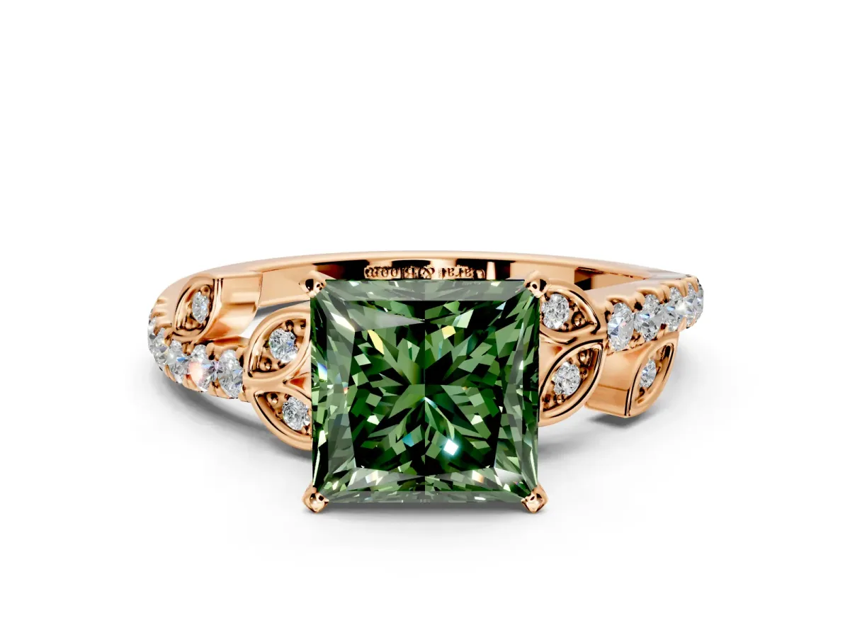 Leaf Motif Engagement Ring Setting for Fancy Green Princess Cut Center with Pave Band and Prong Head in Rose Gold