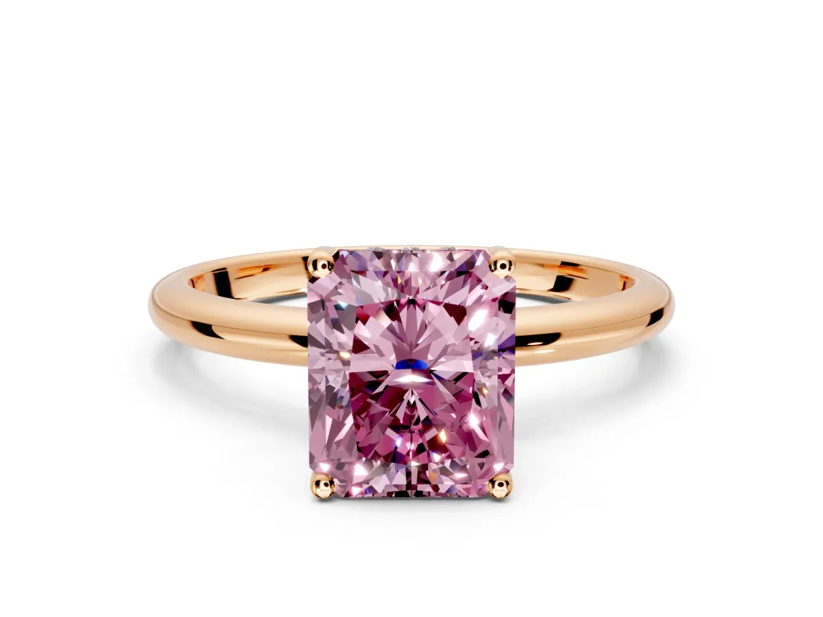 Hidden Halo Engagement Ring Setting for Fancy Pink Radiant Cut Center with Thin Round-Wire Band and Prong Head in Rose Gold