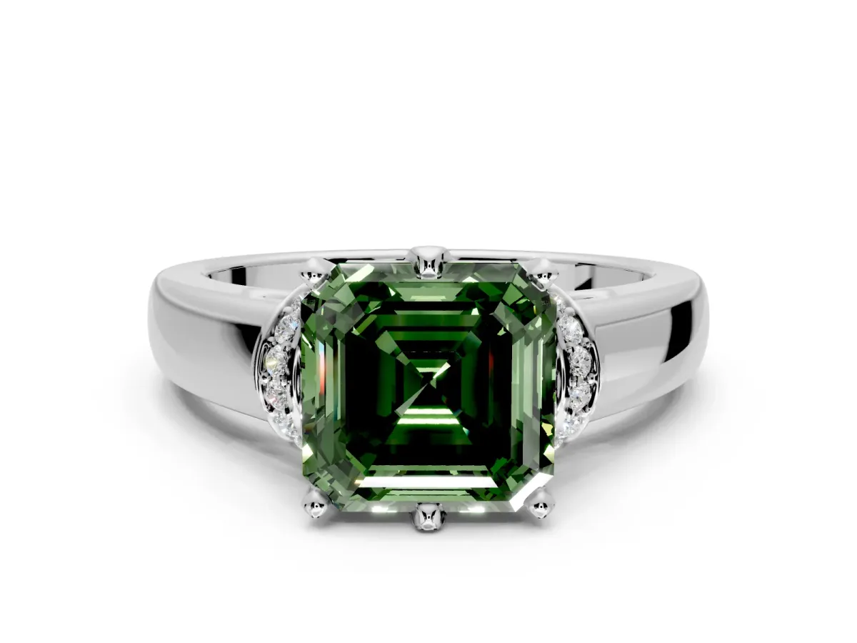 Solitaire Engagement Ring Setting for Fancy Green Asscher Cut Center with Wide Band, Pave Collar and Prong Head in Platinum