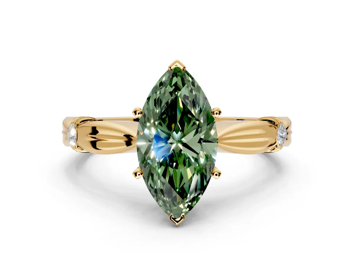 Solitaire Engagement Ring Setting for Fancy Green Marquise Center with Carved Leaf Shoulders and Prong Head in Yellow Gold