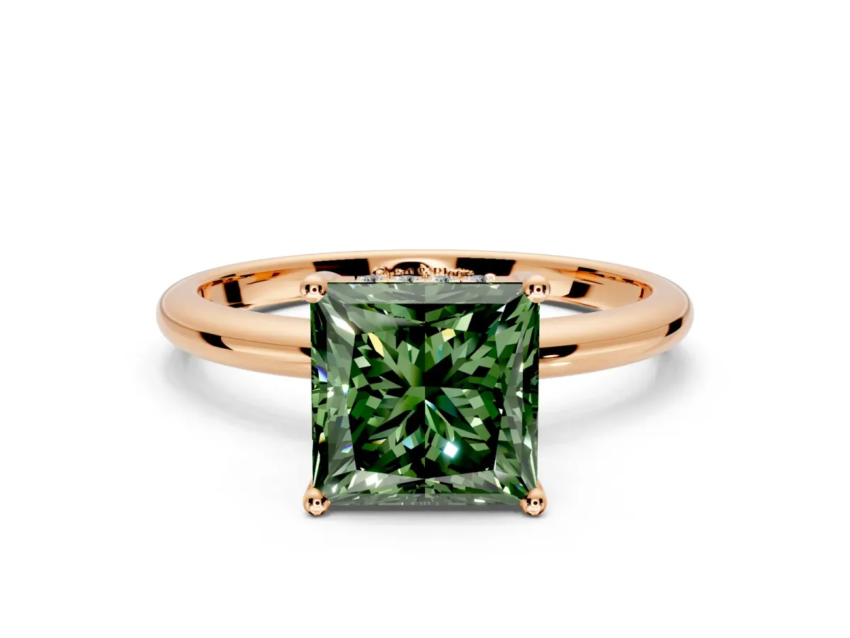 Hidden Halo Engagement Ring Setting for Fancy Green Princess Cut Center with Thin Round-Wire Band and Prong Head in Rose Gold