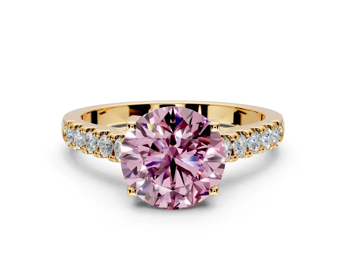 Solitaire Engagement Ring Setting for Fancy Pink Round Cut Center with Partway Pave Band and Prong Head in Yellow Gold