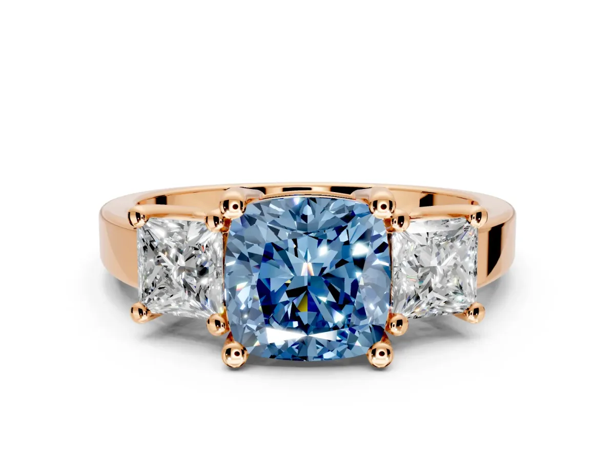 3 Stone Engagement Ring Setting for Fancy Blue Cushion Cut Center with Matching Side Accents and Prong Head in Rose Gold