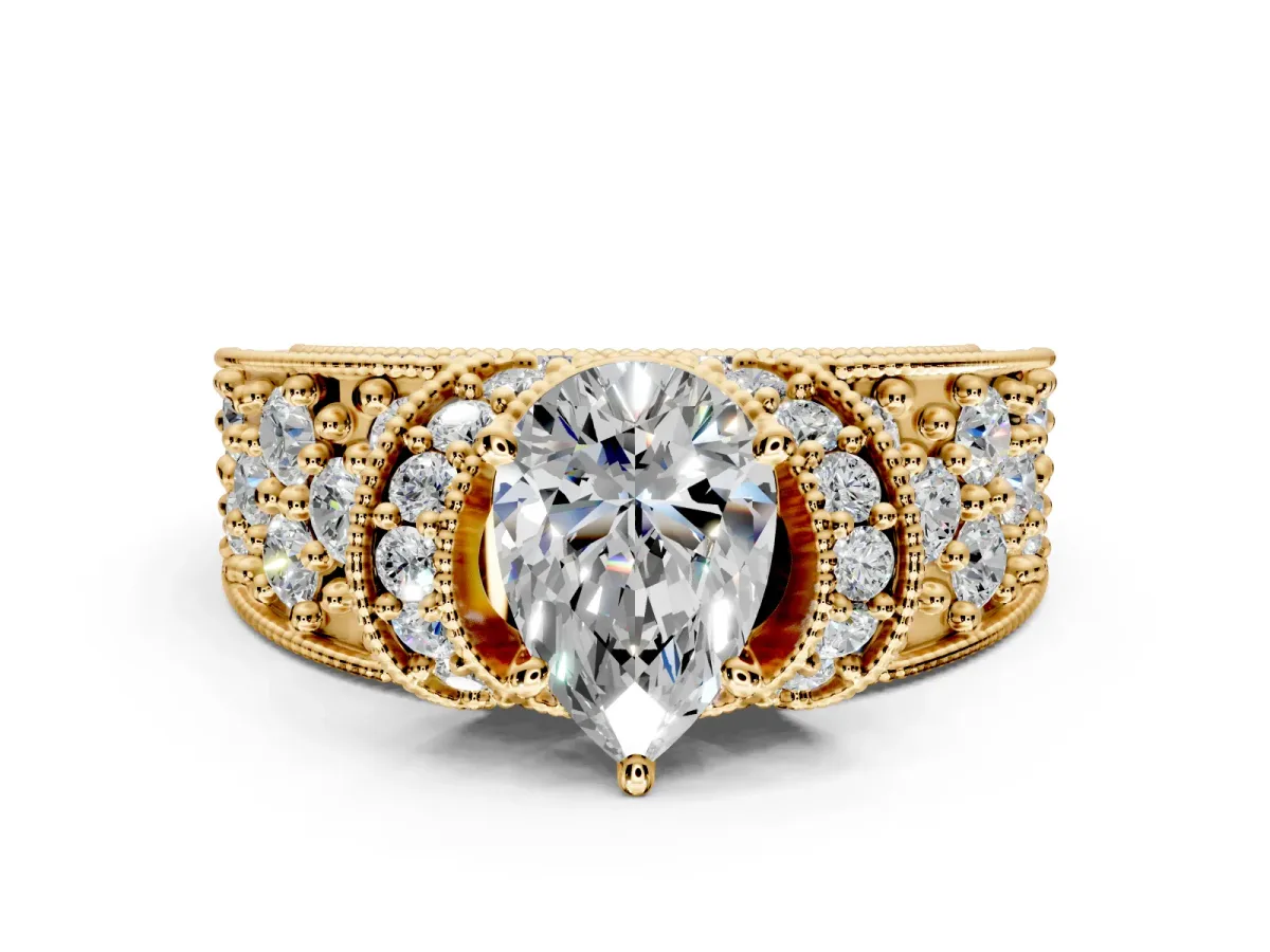 Pave Engagement Ring Setting for Pear-Shaped Center with Curved Accent Rows, Openwork and Prong Head in Yellow Gold