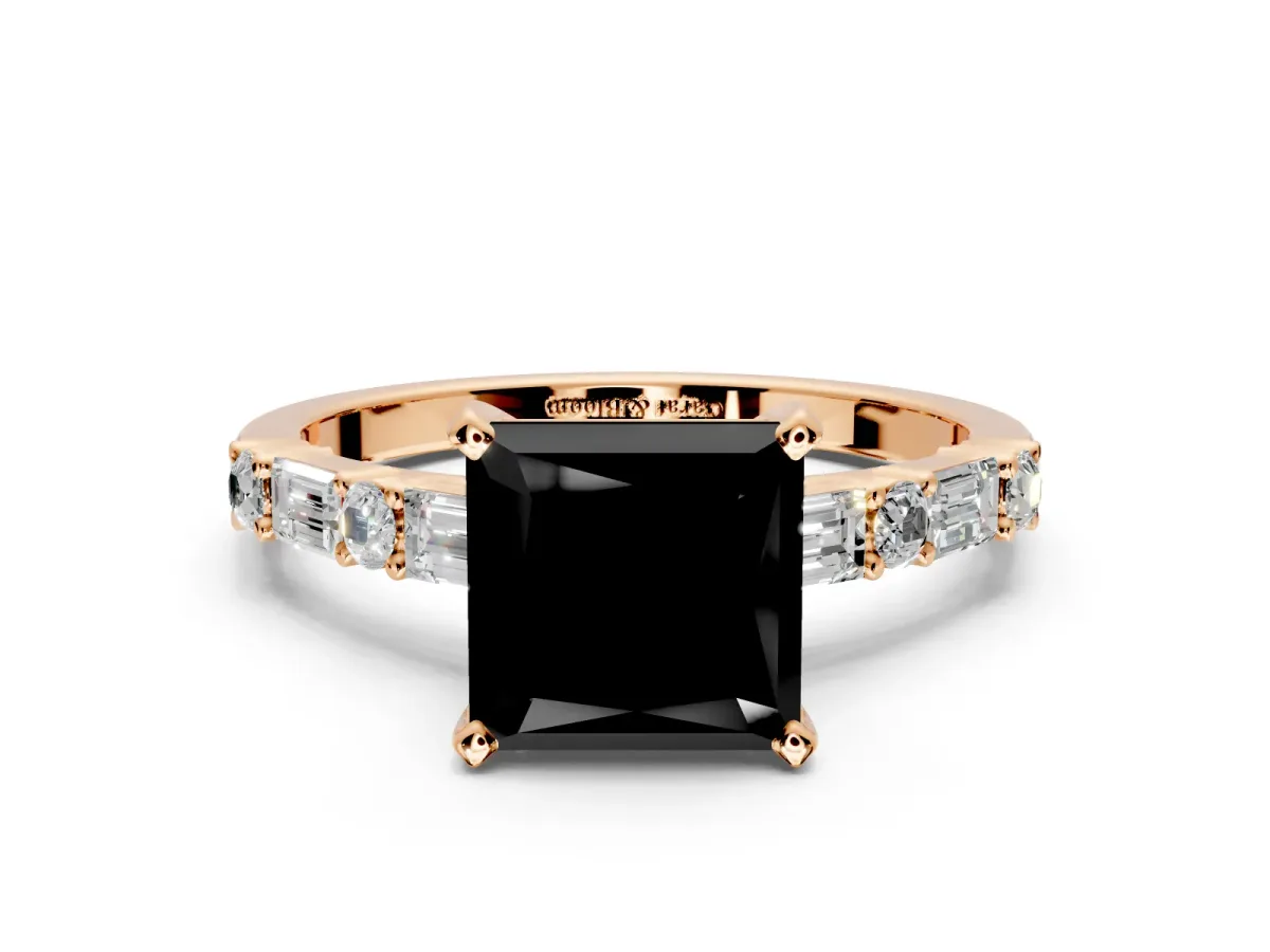 Baguette Engagement Ring Setting for Fancy Black Princess Cut Center with Alternating Bar-Set Band and Prong Head in Rose Gold