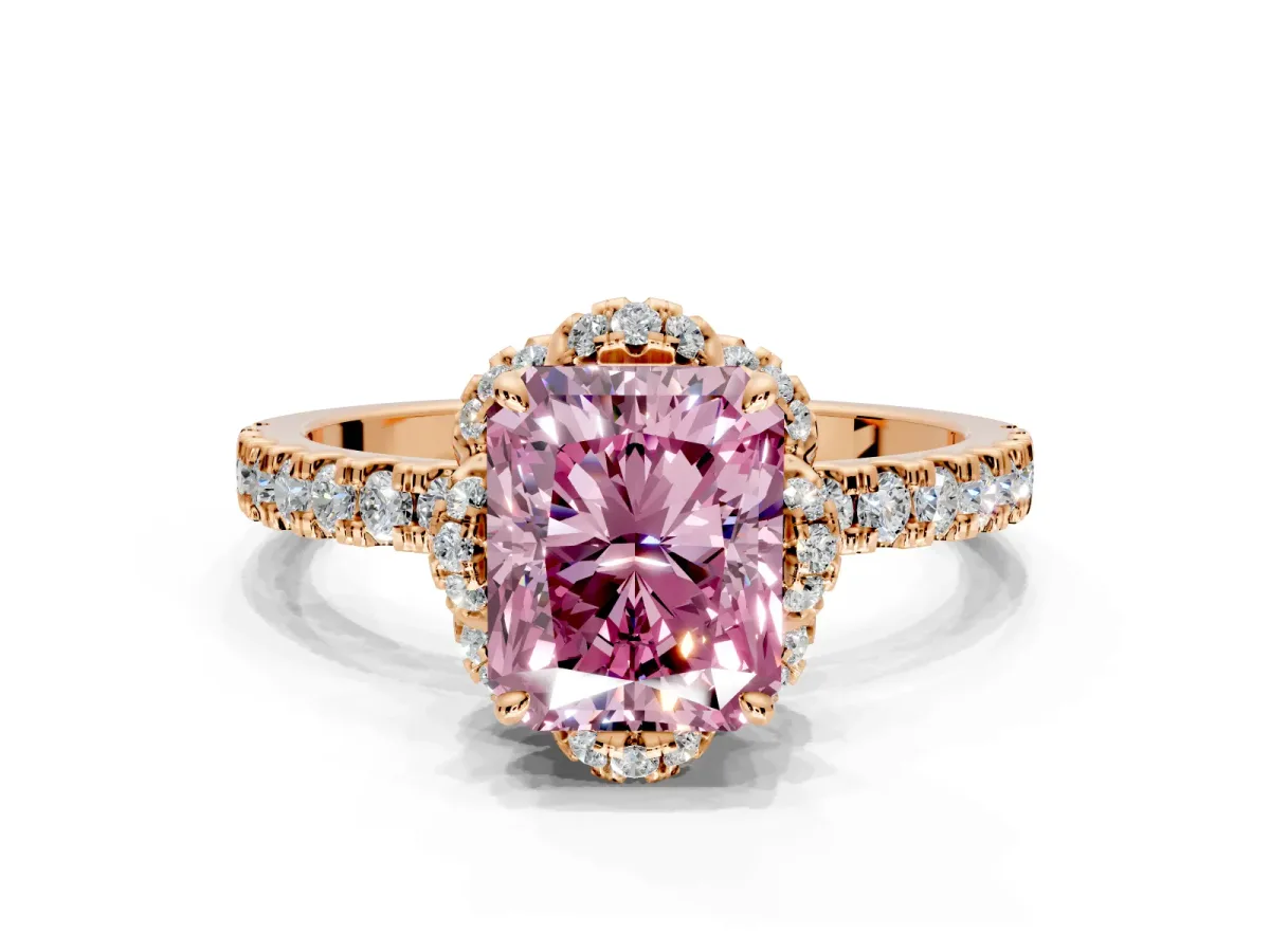 Halo Engagement Ring Setting for Fancy Pink Radiant Cut Center with Openwork Halo, Pave Band and Prong Head in Rose Gold
