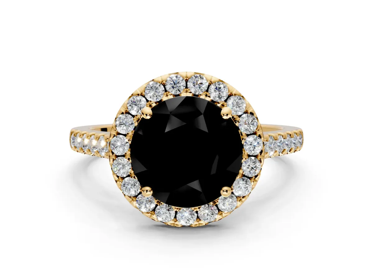 Halo Engagement Ring Setting for Fancy Black Round Cut Center with Narrowing Pave Band and Prong Head in Yellow Gold