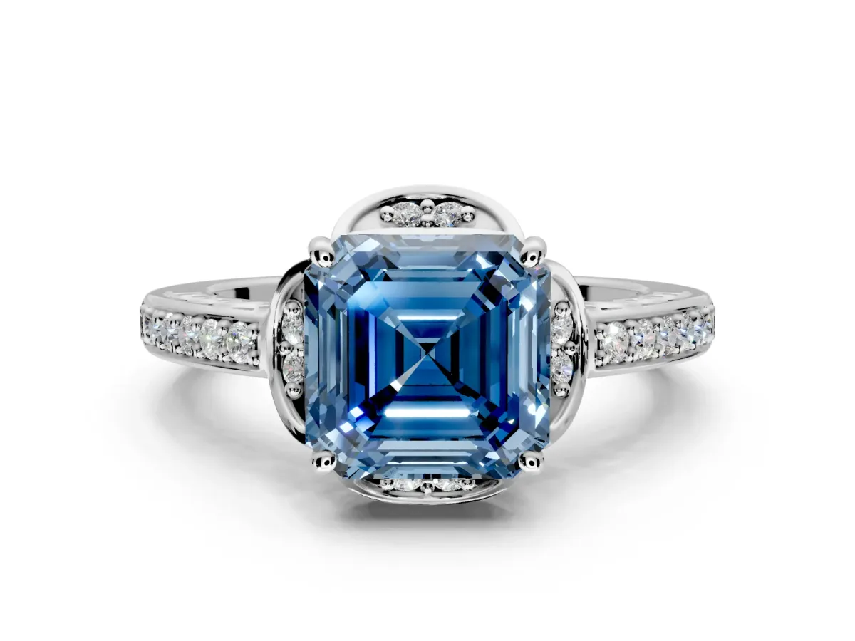 Floral Engagement Ring Setting for Fancy Blue Asscher Cut Center with Four Accent Clusters and Prong Head in Sterling Silver