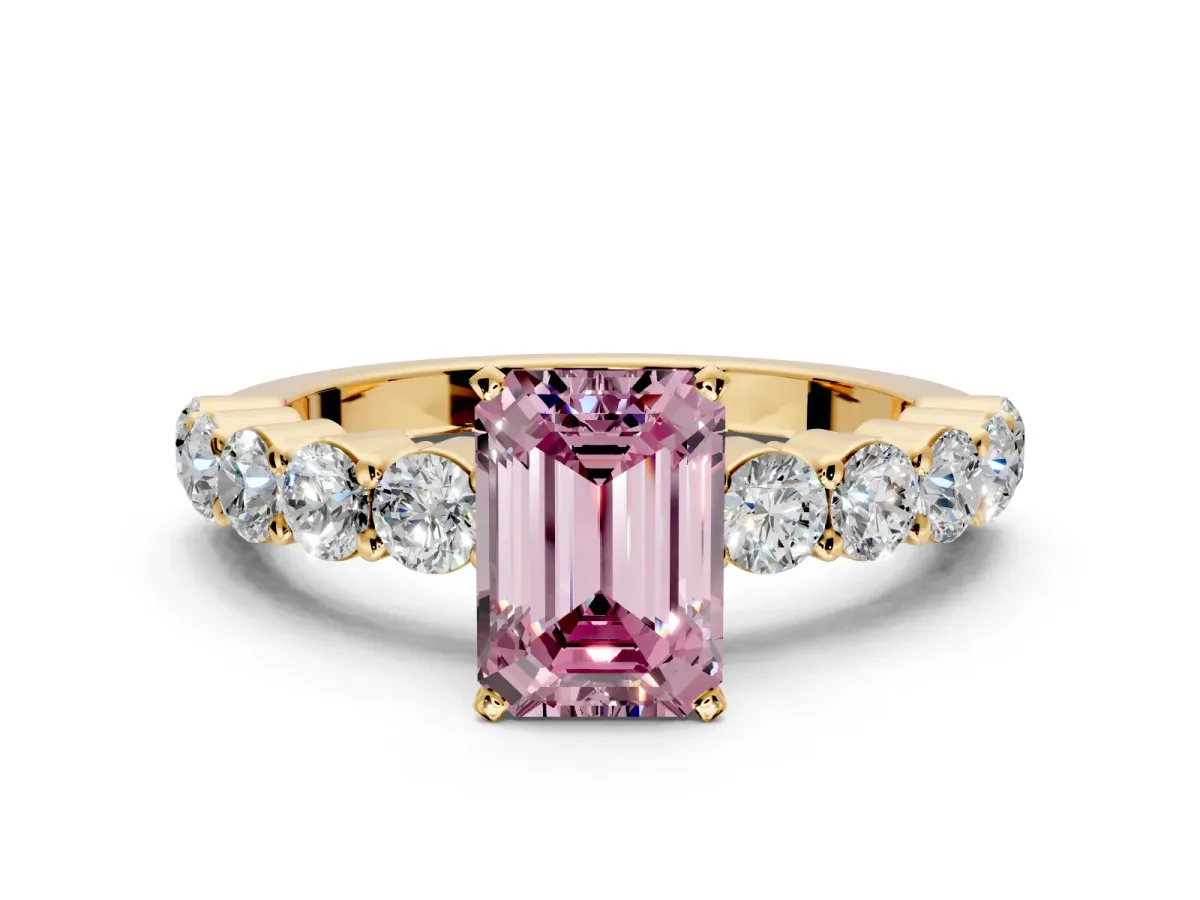 Shared-Prong Engagement Ring Setting for Fancy Pink Emerald Cut Center with Graduated Accents and Prong Head in Yellow Gold