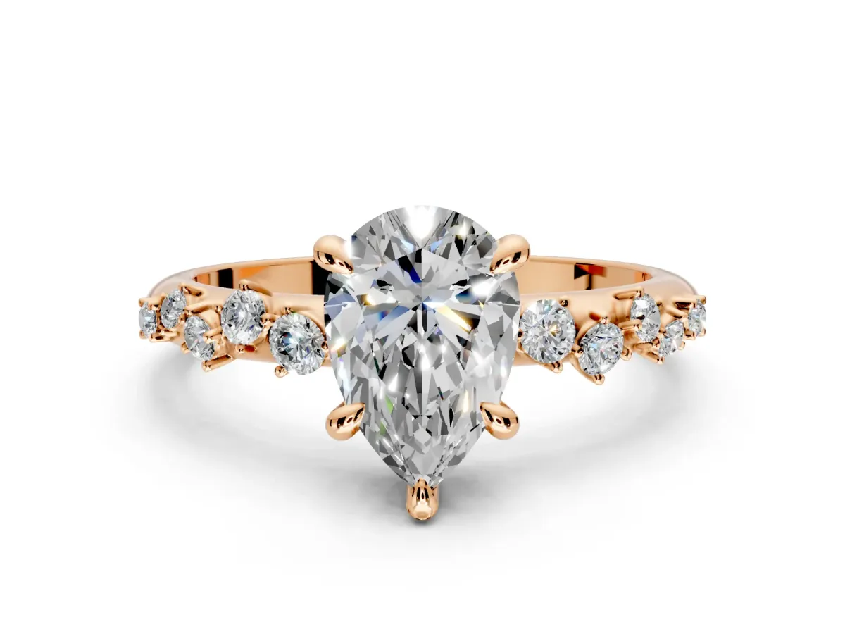 Solitaire Engagement Ring Setting for Pear-Shaped Center with Trailing Leaf Accent Band and Prong Head in Rose Gold