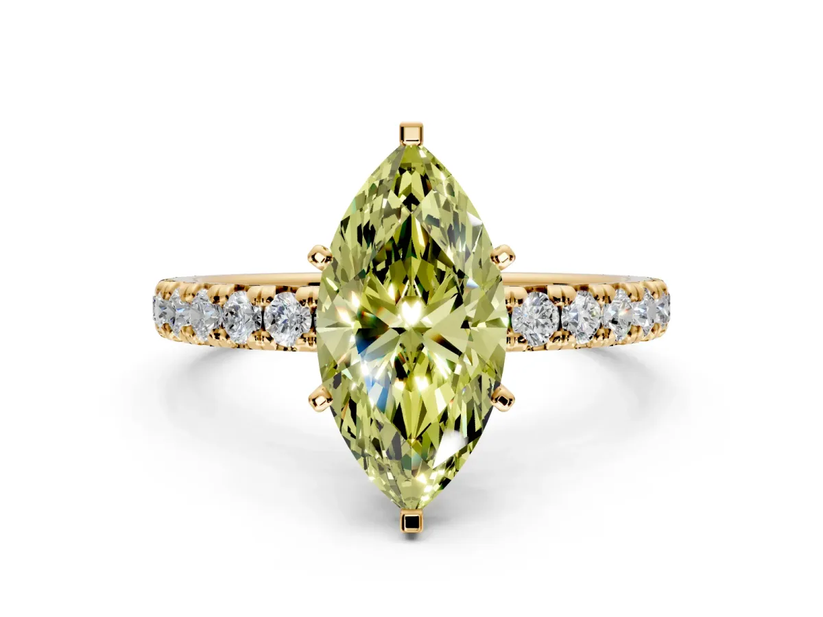 Solitaire Engagement Ring Setting for Fancy Yellow Marquise Center with Shared-Prong Accents and Prong Head in Yellow Gold