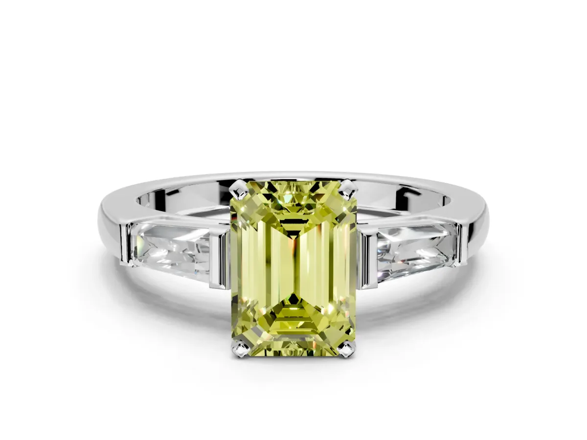 3 Stone Engagement Ring Setting for Fancy Yellow Emerald Cut Center with Tapered Baguettes, Plain Band and Prong Head in Platinum
