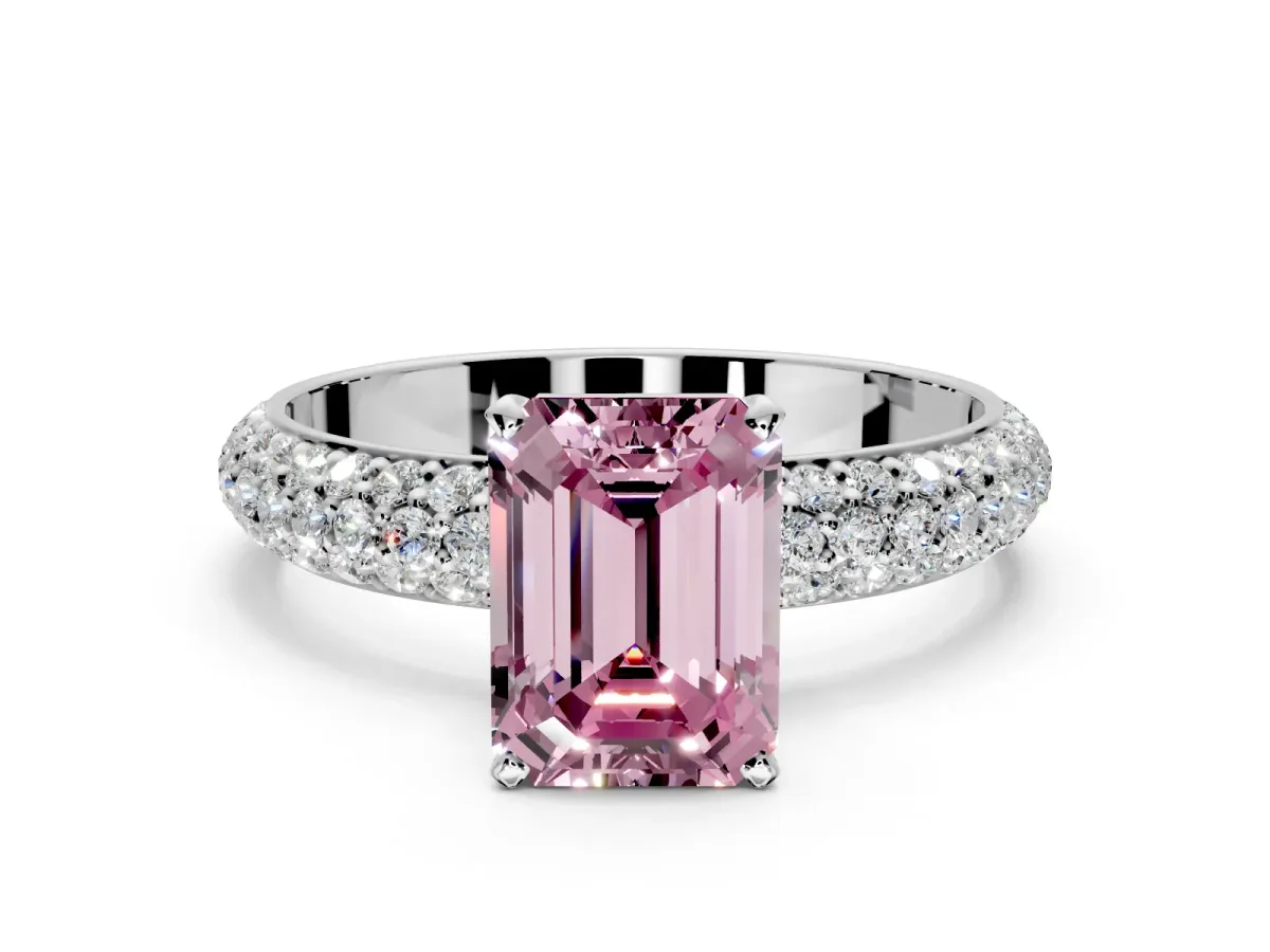 Solitaire Engagement Ring Setting for Fancy Pink Emerald Cut Center with Domed Multi-Row Pave Band and Prong Head in White Gold