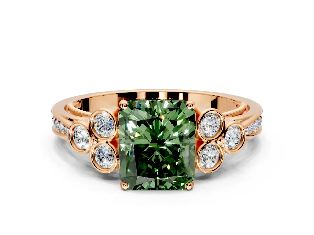 Cluster Engagement Ring Setting for Fancy Green Radiant Cut Center with Bezel Accent Clusters and Prong Head in Rose Gold