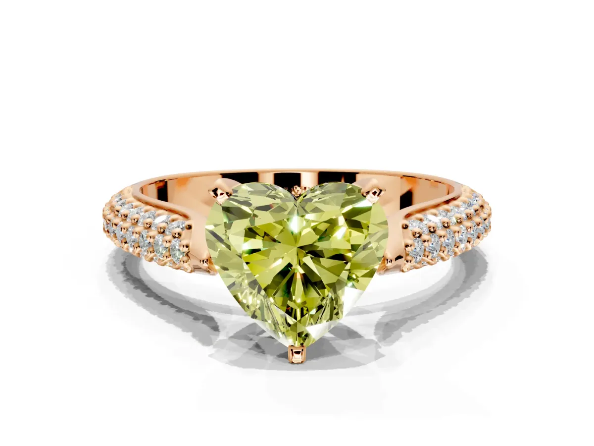 Solitaire Engagement Ring Setting for Fancy Yellow Heart-Shaped Center with Multi-Row Accents and Prong Head in Rose Gold