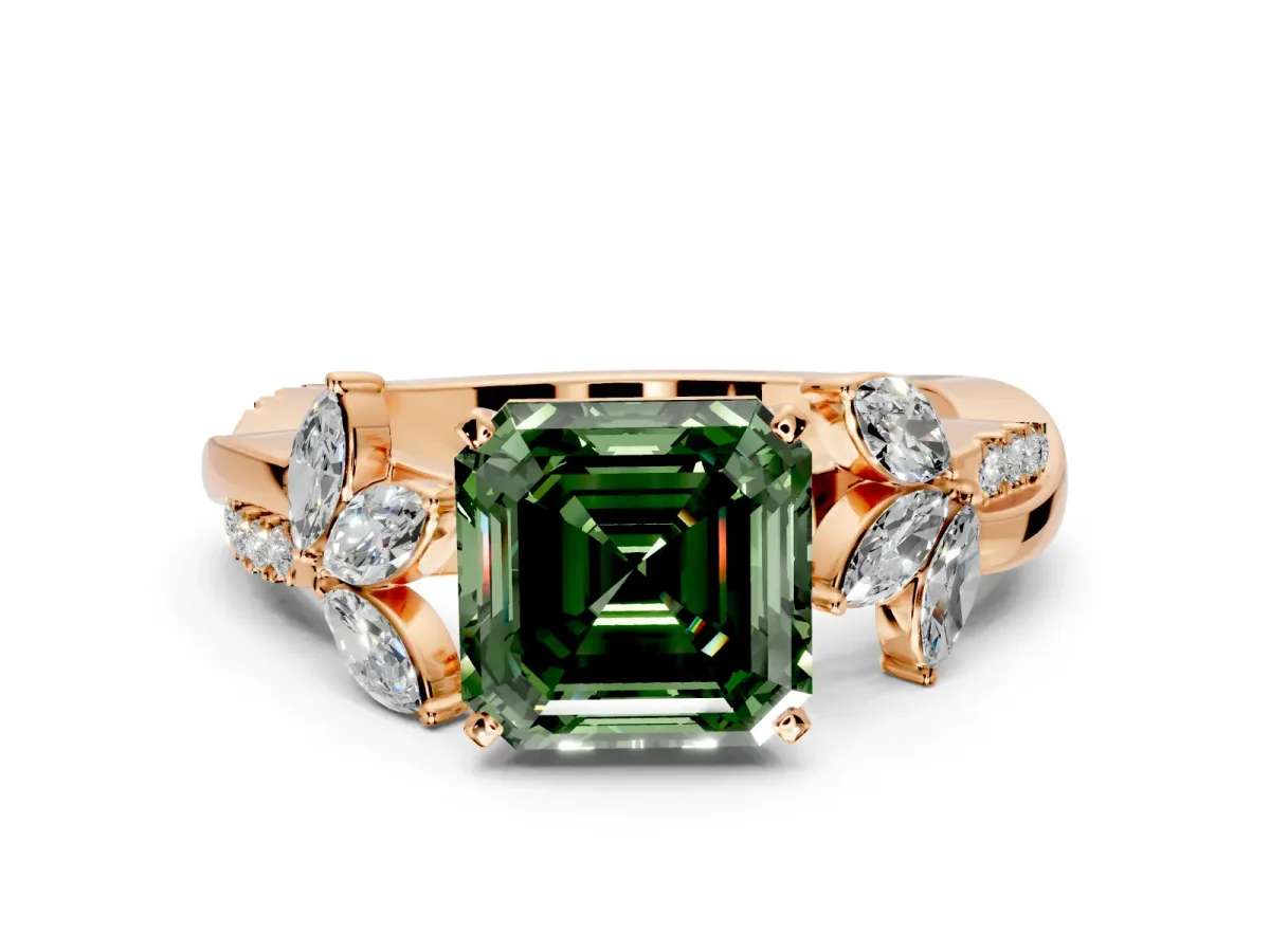 Floral Engagement Ring Setting for Fancy Green Asscher Cut Center with Trailing Marquise Accents and Prong Head in Rose Gold