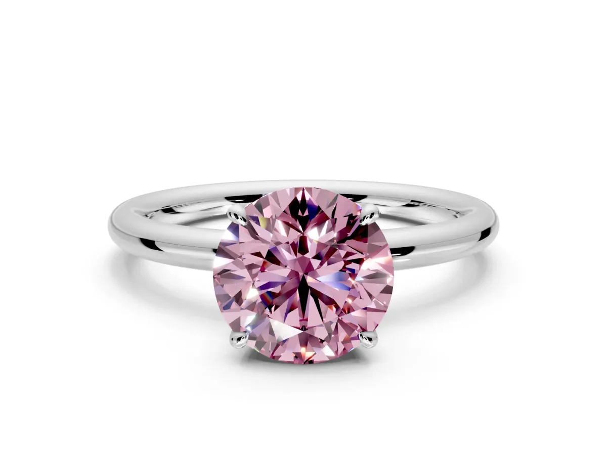 Hidden Halo Engagement Ring Setting for Fancy Pink Round Cut Center with Thin Rounded Band and Prong Head in Platinum
